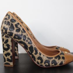 Tory Burch Women's'' Ethel'' Leopard Print Pump Natural/Tan/Black Size 7M