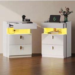 ❤️‍🔥Set of 2 WLIVE White Nighstand with Charging Station and LED Lights,