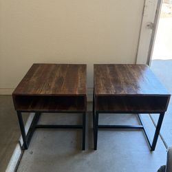 Set of 2 Ashley Furniture “Industrial” Minimalist Wood & Metal End Tables Nightstands