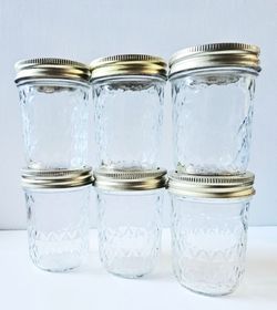 6 Vtg Ball Quilted Crystal Jelly Jars Tall W Grapes & Fruit Lids 4" x 2.25"