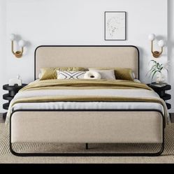 Amolife Queen Size Platform Bed Frame, Upholstered Bed with Fabric Curved Headboard & Footboard, No Box Spring Needed, 1000 LBS Capacity, Beige