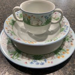 Tiffany & Co 3 Piece Baby China Set “Tiffany Meadows With Bunny Rabbit