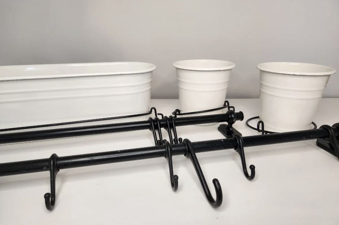 Ikea Fintorp 14" Bucket Pales Metal Rails 9 Hooks cream white glaze