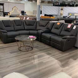 Gray Air Leather Manual Recliner Sectional