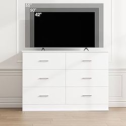 White Dresser, Large 6 Drawer Dresser Wide Chest of Drawers for TV Stand, Modern Dresser White Floor Storage Drawer Cabinet for Home Office, Wh