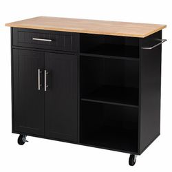 Black 42 inch Kitchen Island Cart Storage with Solid Wood Top