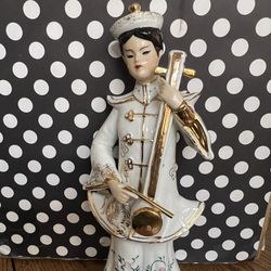 Vtg 1950's Lefton  Chinese White Porcelain Man Figurine Playing Instrument K8282