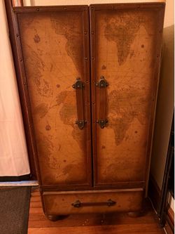 vintage style map design chifferobe w/ a textured leather finish and folding doors cabinet unique