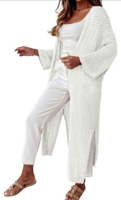 NEW! Long Sleeve Open Front Cardigan Lightweight Knit Loose Split Crochet Floor Length Sweaters