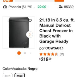 COWSAR 21.18 in 3.5 cu. ft. Manual Defrost Chest Freezer in Black with Garage Ready, new 