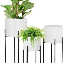 New $90 Mid Century White Planter with Black Plant Stand, 3 pcs Modern Planters for Indoor Plants, Metal Floor Planter Set with Foldable Stand(Pack o