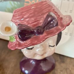 Vintage Girl Head Vase, With Hat