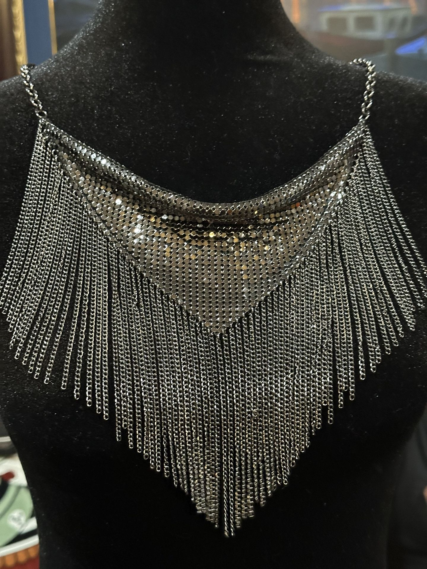 Fashionable Mesh & Fringe Gun Metal Finish Choker Gun Metal Finish
