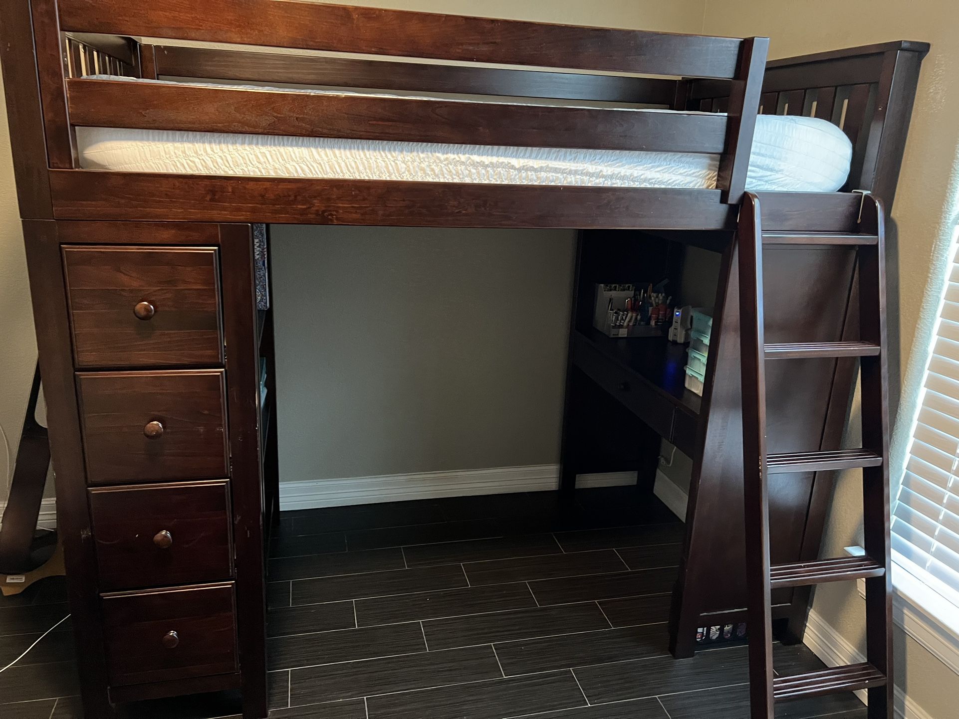 Twin Size Loft Bed With Desk, Bookcase, And Drawers