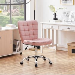 ModernTufted Armless Desk Office Chair Faux Leather Upholstered Computer Chair with Adjustable Seat Height and Rolling Wheels for Home/Office, Pink