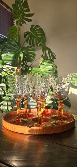 Art Deco Fostoria Cellini Loop Optic Amber Goblets Water Glasses
