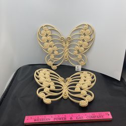 Vintage Burwood Butterfly Wall Hanging Yellow Hard Plastic 1978 - Set of 2