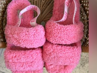 UGG Oh Fluffita Pink Rose Curly Sheepskin Platform Slingback Slippers
