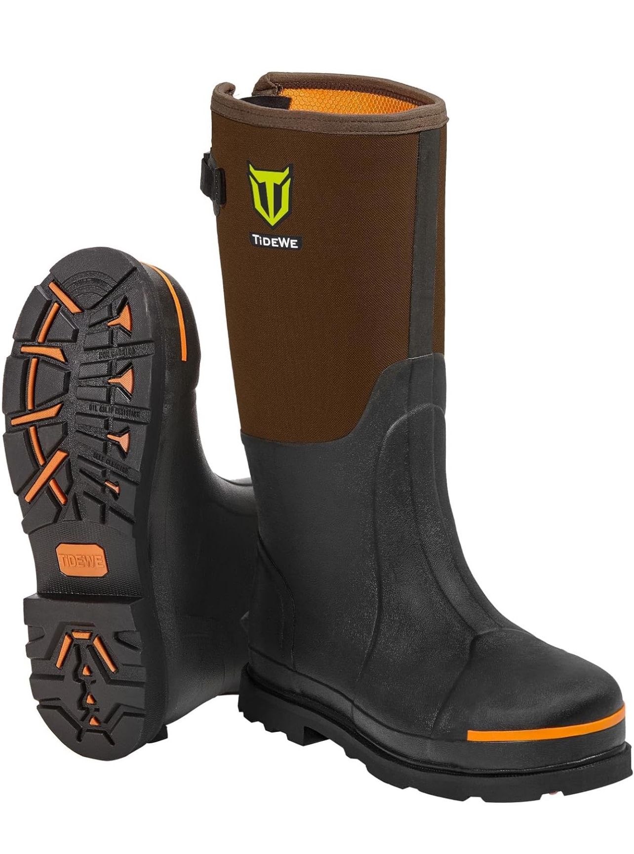🔥 TIDEWE Rubber Work Boot w/ Steel Toe & Shank, Waterproof Anti Slip Hunting Boot, 6mm Neoprene Hunting Boot, Sturdy Brown Rubber Boot Men’s Size 10