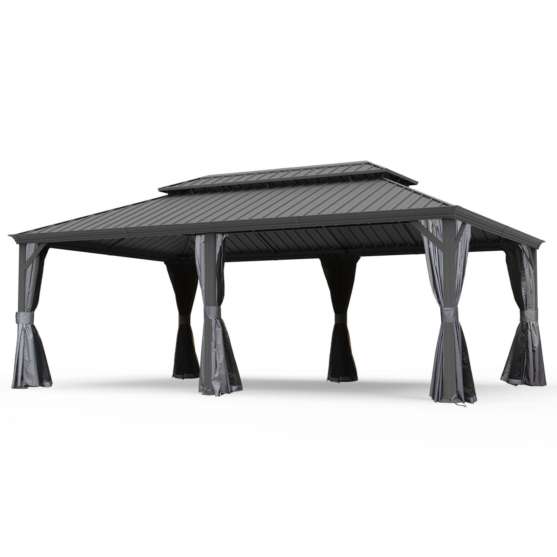 14' X 22' Hardtop Gazebo, Upgraded Metal Gazebo with Drainage System, Dual-Layer Galvanized Steel Roof, Curtain and Netting, Outdoor Shelter Canopy fo