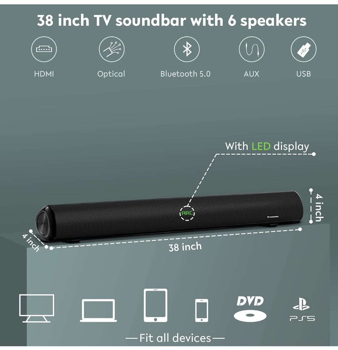 Wohome Sound Bar, 38 Inch 100W Soundbar for TV with 6 Speakers, LED Display, HDMI-ARC, Bluetooth 5.0, Optical, AUX, USB Input, 110 dB 3D Surround Soun main image 0
