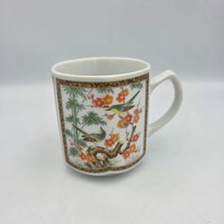 Kutani Japanese Style Orange Flowers  Green Birds Coffee Tea Mug 8oz Porcelain