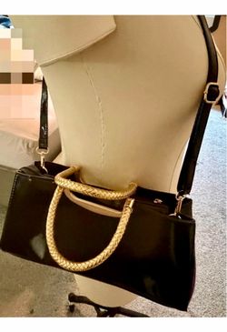 Title: Black Faux Patent Leather Satchel Bag with Gold-Tone Woven Handles