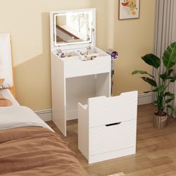 Vanity Desk with Flip Top Mirror and Light,Compact Small Makeup Desk with Power Outlet & 3 Lighting Modes,Hidden Stool with Cabinet, BRAND NEW