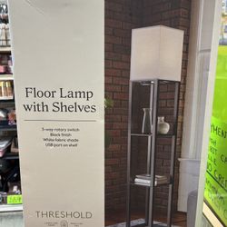 Shelf Floor Lamp Black - Threshold Painted MDF with Linen Shade, 3-Way Switch, ETL Listed