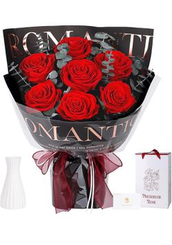 Preserved Flowers Bouquet 7 Roses - Red Real Rose & Flowers for Delivery, Long-Lasting Flower with Gift Box, Eternal Roses Bouquet for Mothers, Mom, W