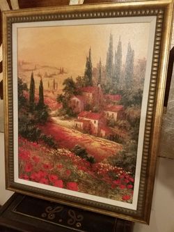 art;painting;farm landscape;28x34;59.99 at garden ridge;red,gold,green-$35