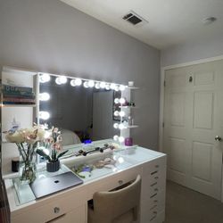 Vanity with Bluetooth Mirror Desk and Shelves 