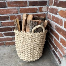 Braided Round Decorative Basket with Handles & Firewood