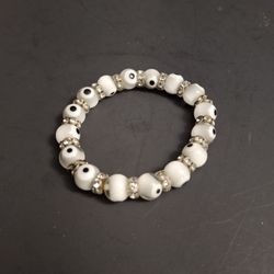 Evil Eye Protection Bracelet White Glass Beads W/Rhinestone Spacers Protects Wearer From Bad Luck Or Malevolent Glares From Others, Brings Good Luck 