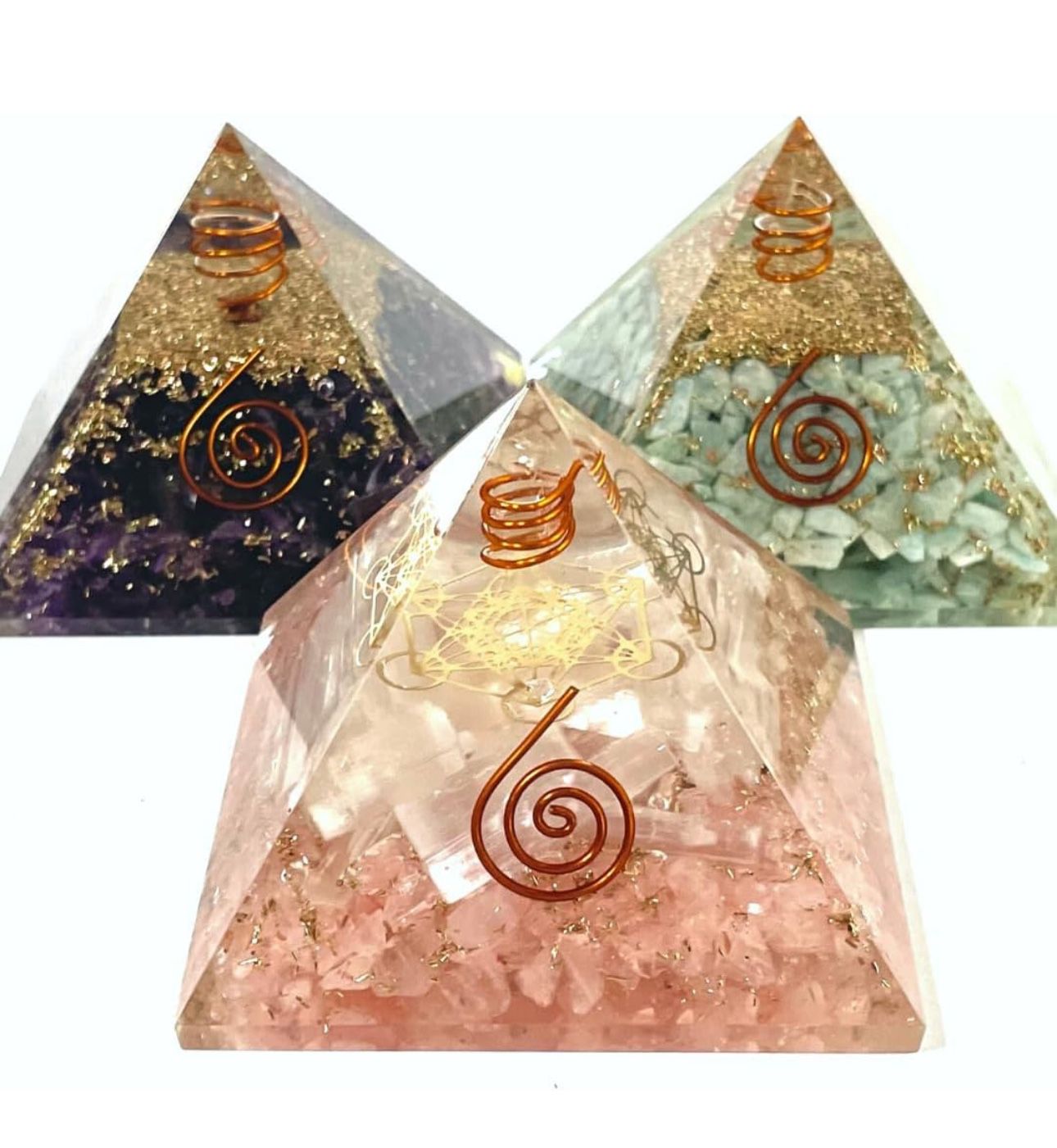 Orgone Pyramid - Set of 3 - Roze Quartz Love Crystal Pyramid - Calming Amethyst Pyramid Crystal - Amazonite Orgonite Pyramid - Meditation Pyramid - Ch