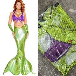 (New) Halloween Sexy And Cute Mermaid Costume with Gloves (Green Bottom And Purple Top)