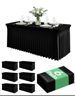 6 Pack Spandex Table Cover Skirts For 6ft Rectangle Tables, Black Stretch Table Cloths With Floor-Length Ruffle, Elastic Fitted Skirted Tablecloth For