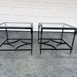 A Pair Of Metal Body Glass-top End Tables 