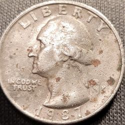 1987P Misaligned Die Quarter & Filled Mintmark 
