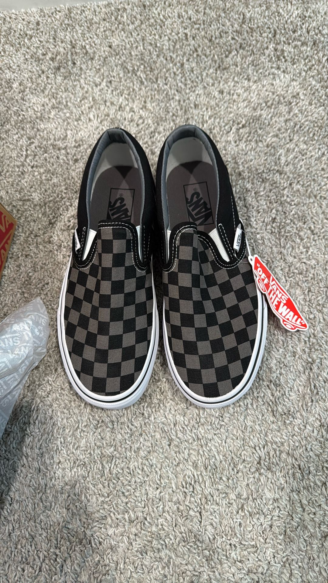 DS Brand New Vans Black and Grey Checkered Slip On Shoes Sz 5.5 Mens, 7.0 Womens