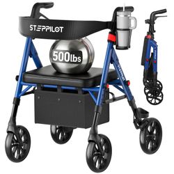 Bariatric Rollator Walker with Seat for Seniors, 500lb Capacity Aluminum Frame, Zero Wobble, 16lb Lightweight, 8" All Terrain Wheels, 10-Level Adjusta