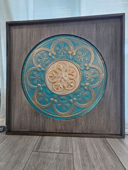 30” x 30” Turquoise & Gold Metal Medallion , Wood Framed Wall Art