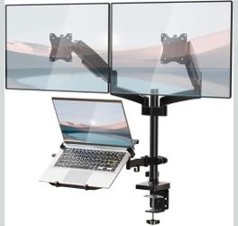 Triple Arm Laptop and Dual Monitor Desk Mount for 17" Notebook and Up to 32" Screens, Adjustable Monitor Arms with Tilt Swivel Rotation, VESA 75x75 10