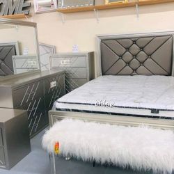 [[ASKdISCOUNTcOUPOn🍥queen King full twin bed dresser mirror nightstand bunk mattress /3pcs/ph Champagne Silver Upholstered Panel Bedroom Set 
