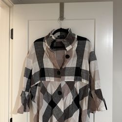 Damee 2X Black/Tan/White Plaid Wire Collar 3/4 Sleeve Polyester Shirt Jacket