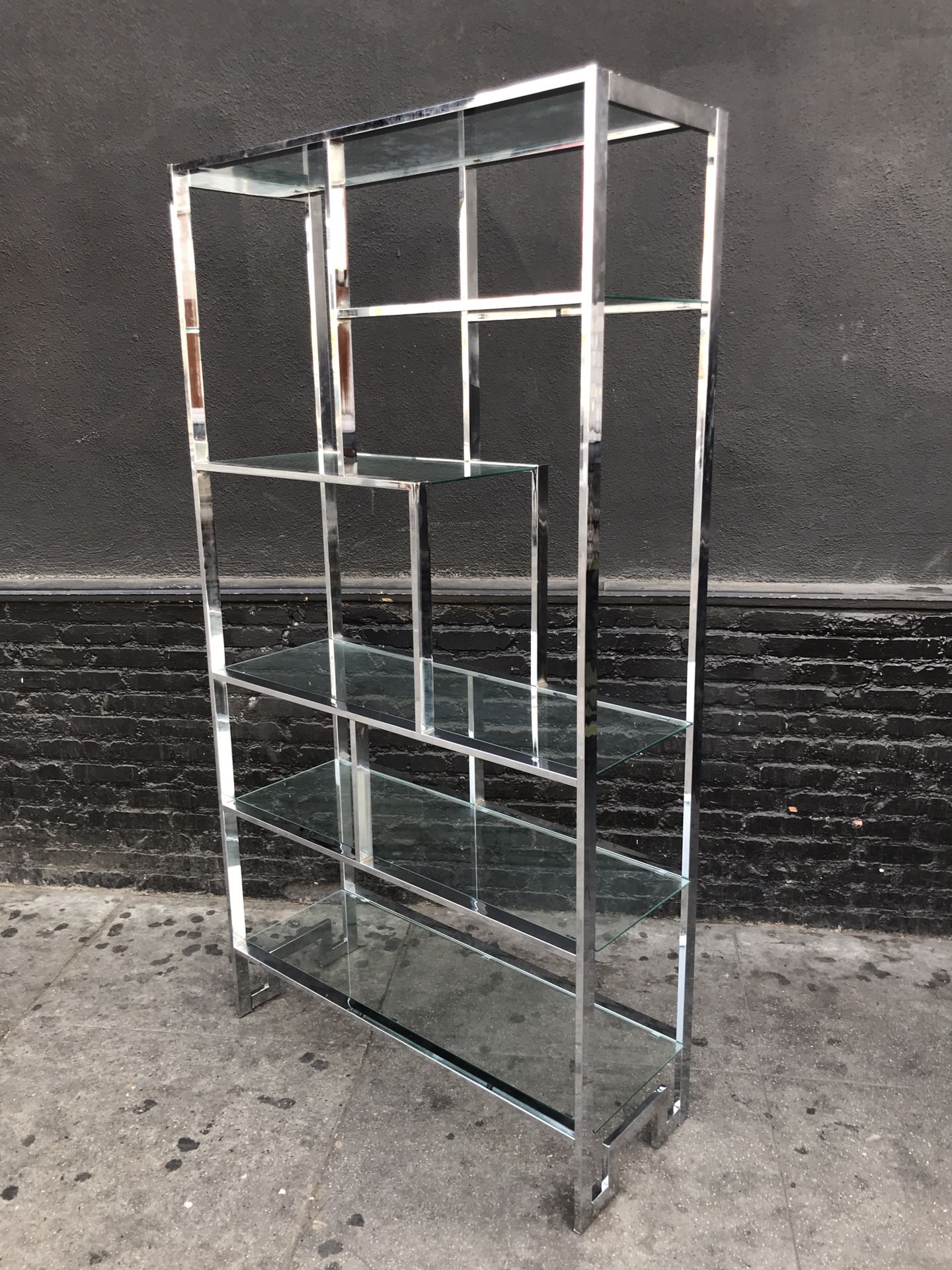 Mid Century Chrome Etagere Glass Shelves by Milo Baughman.