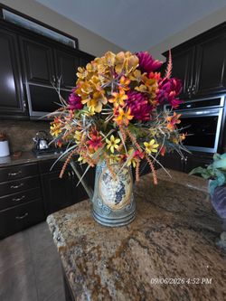 Large 24" Artificial Floral Arrangement in Vintage Metal Watering Can