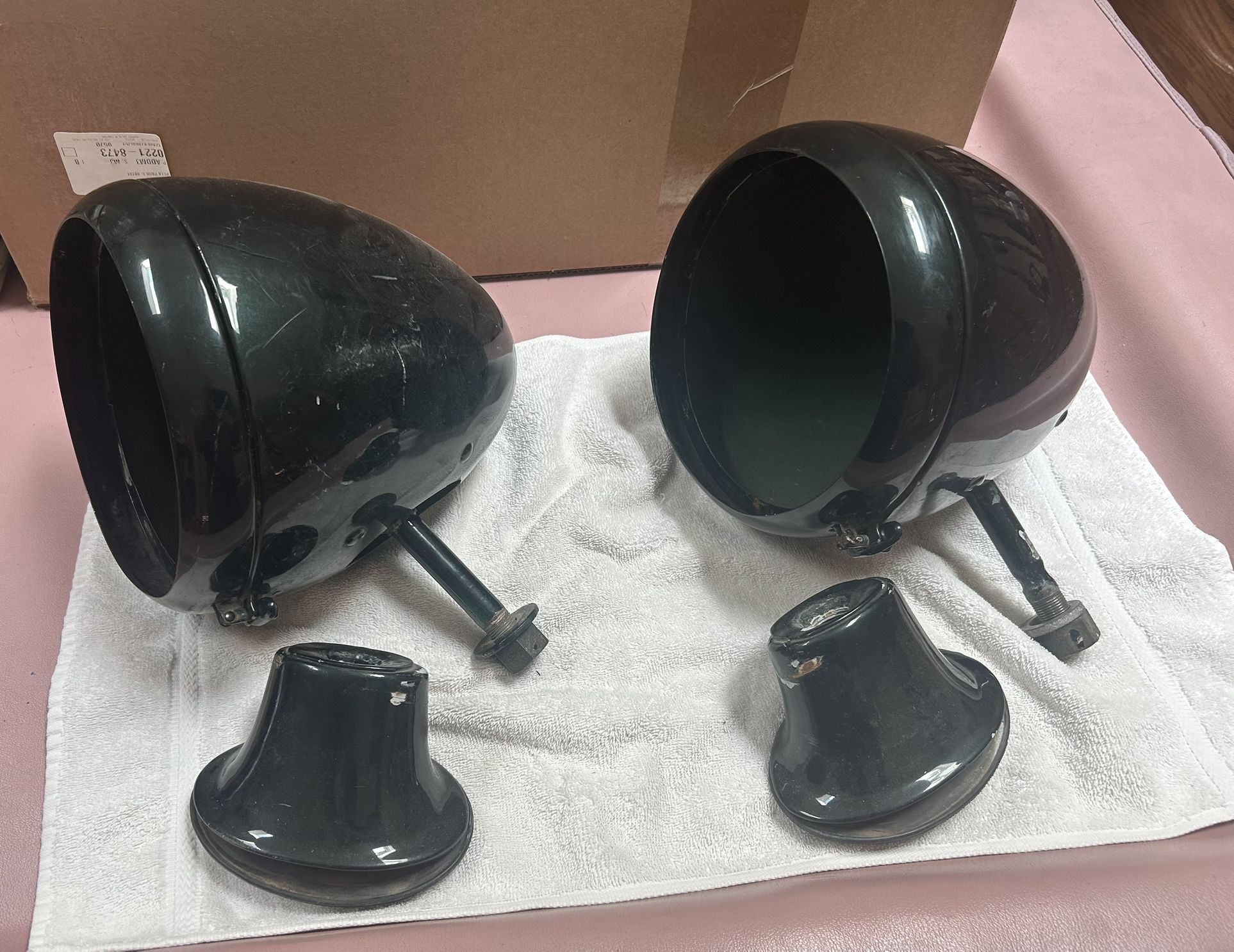 1935 ford headlight buckets, trim rings and pedestals.