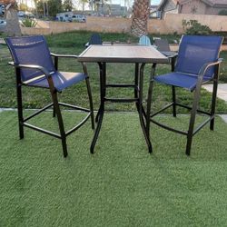 New 3pc Outdoor Patio Bar Set Aluminum Frame All Weather Navy Blue Counter Height
