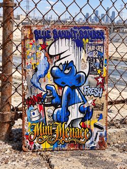 Blue Bandit Bomber Mini Menace Street Art Metal Sign
